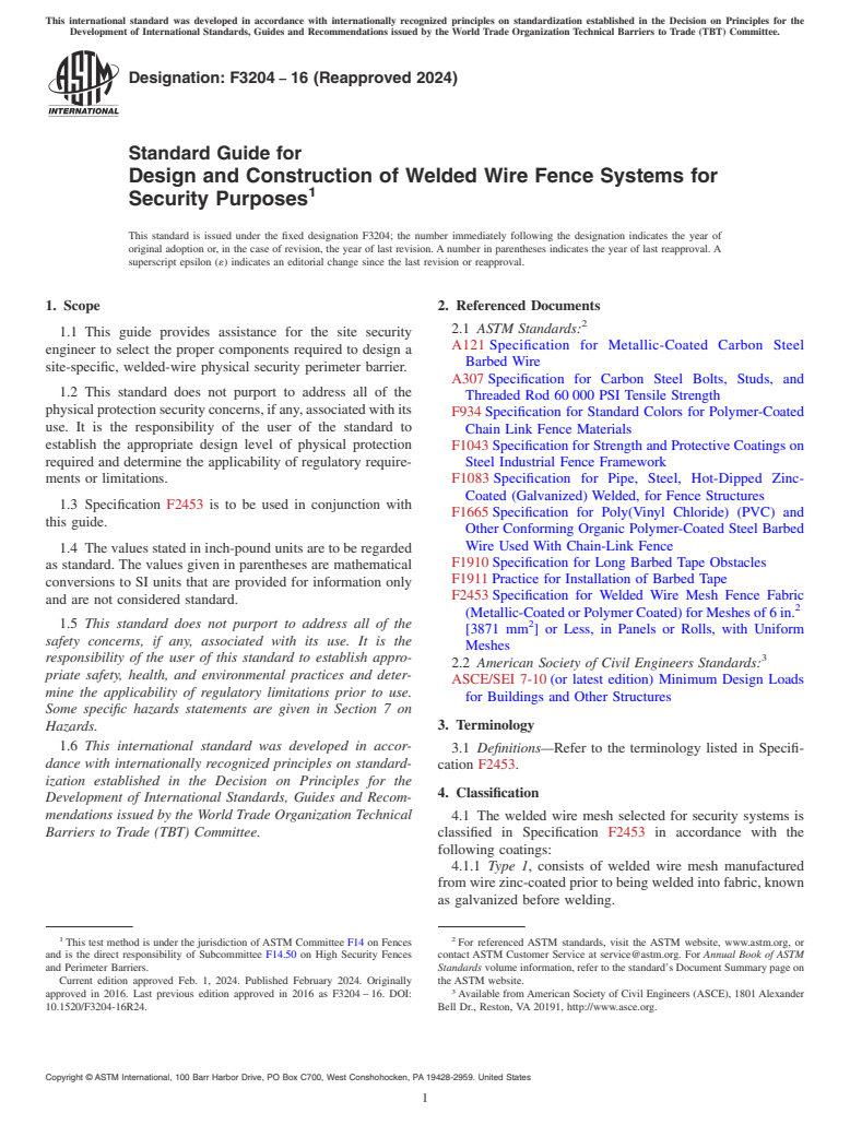 ASTM F3204-16(2024) - Standard Guide for Design and Construction of Welded Wire Fence Systems for Security  Purposes