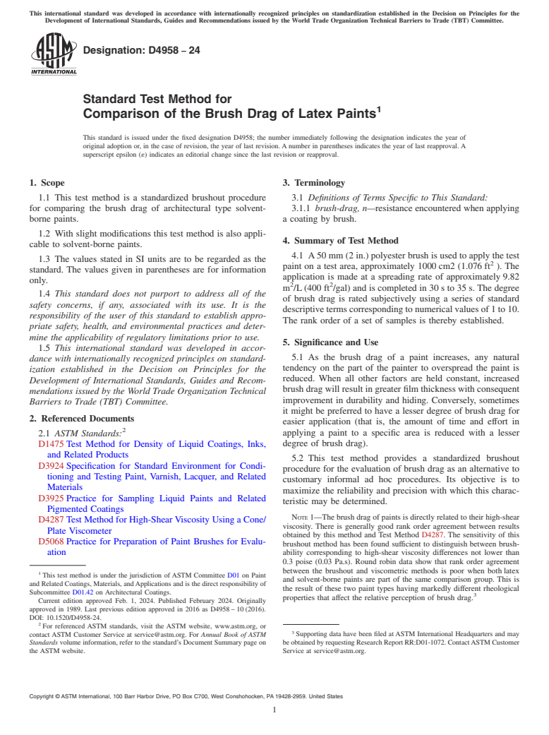 ASTM D4958-24 - Standard Test Method for Comparison of the Brush Drag of Latex Paints