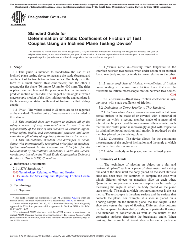 ASTM G219-23 - Standard Guide for Determination of Static Coefficient of Friction of Test Couples  Using an Inclined Plane Testing Device