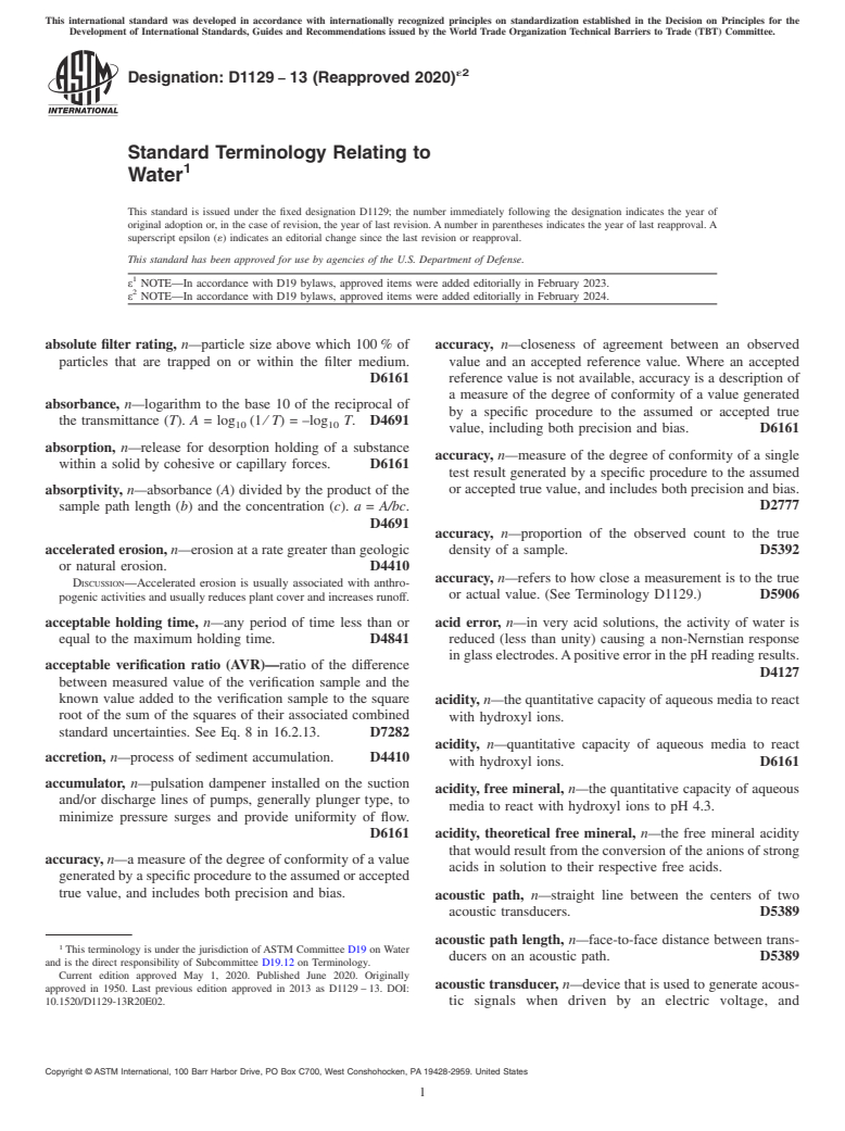 ASTM D1129-13(2020)e2 - Standard Terminology Relating to  Water