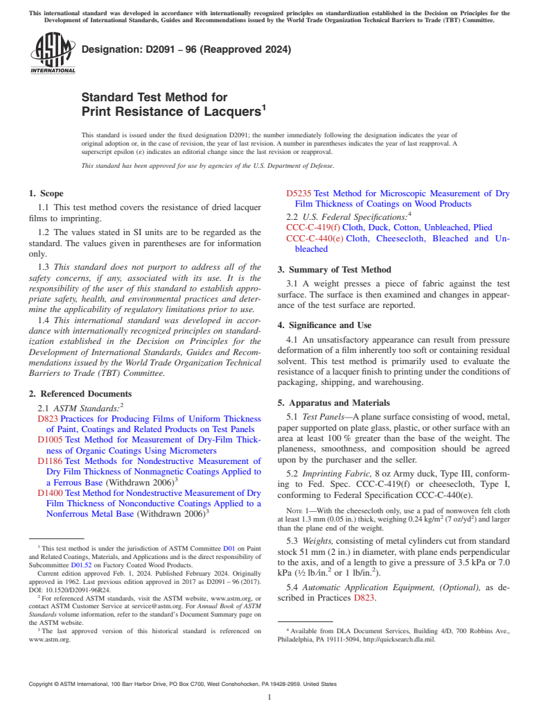 ASTM D2091-96(2024) - Standard Test Method for Print Resistance of Lacquers