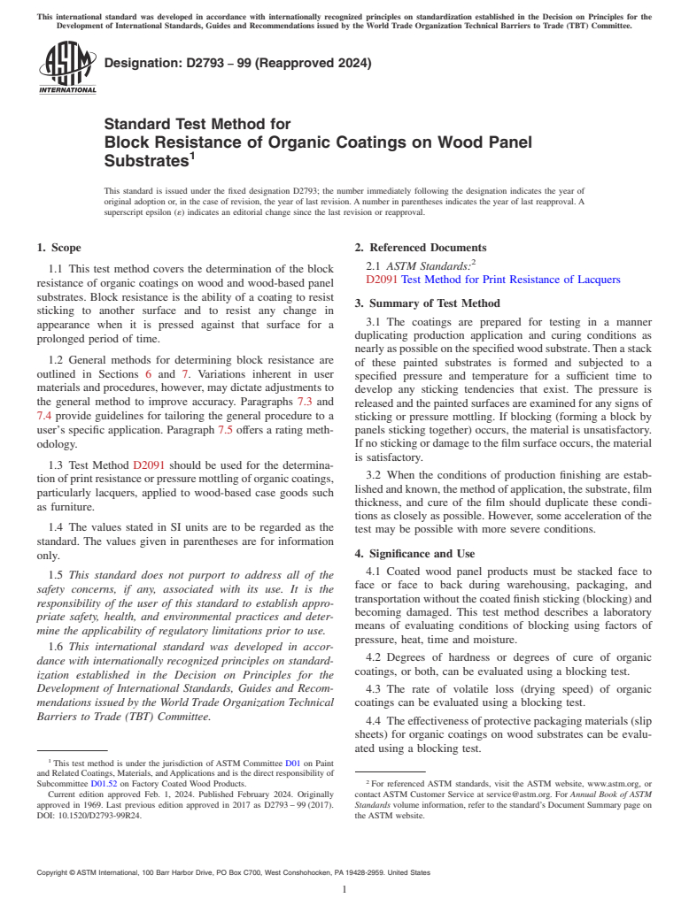 ASTM D2793-99(2024) - Standard Test Method for Block Resistance of Organic Coatings on Wood Panel Substrates