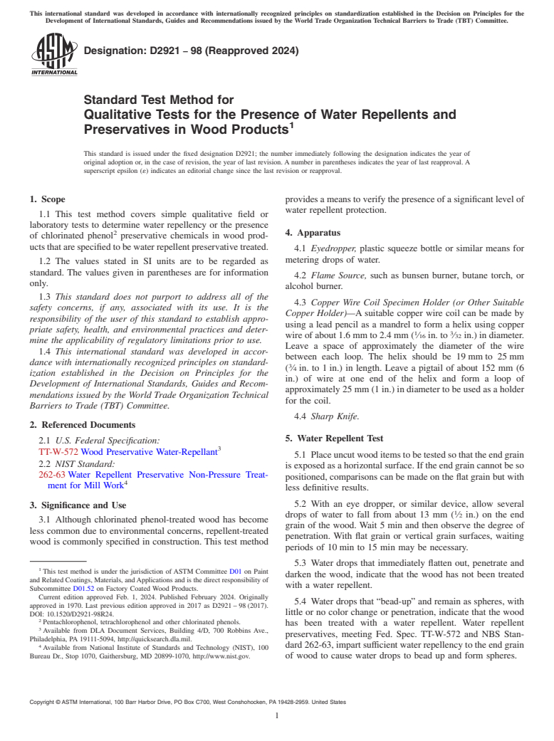 ASTM D2921-98(2024) - Standard Test Method for Qualitative Tests for the Presence of Water Repellents and   Preservatives in Wood Products