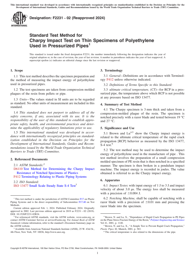 ASTM F2231-02(2024) - Standard Test Method for Charpy Impact Test on Thin Specimens of Polyethylene Used in  Pressurized Pipes