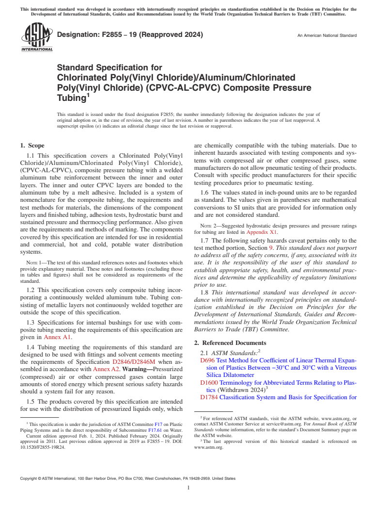 ASTM F2855-19(2024) - Standard Specification for  Chlorinated Poly(Vinyl Chloride)/Aluminum/Chlorinated Poly(Vinyl   Chloride) (CPVC-AL-CPVC) Composite Pressure Tubing