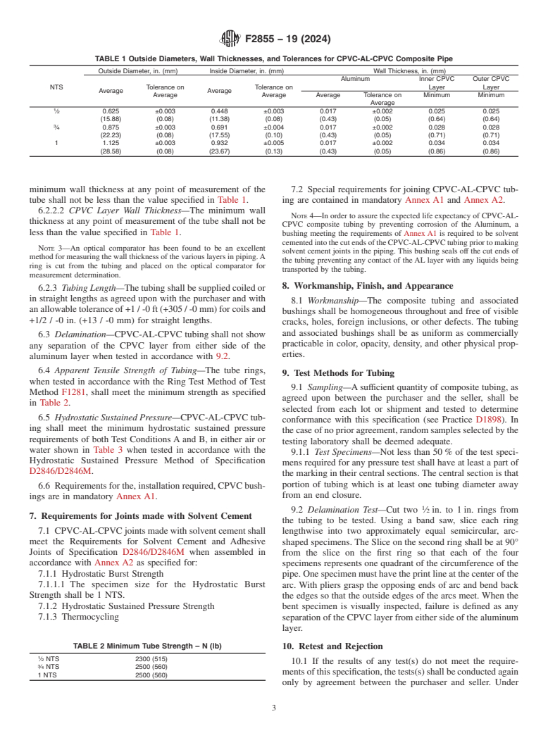 ASTM F2855-19(2024) - Standard Specification for  Chlorinated Poly(Vinyl Chloride)/Aluminum/Chlorinated Poly(Vinyl   Chloride) (CPVC-AL-CPVC) Composite Pressure Tubing