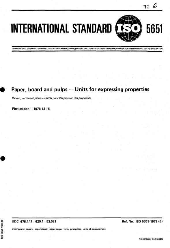 ISO 5651:1978 - Paper, board and pulps -- Units for expressing properties