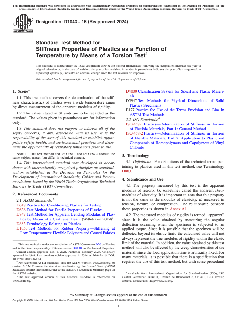 ASTM D1043-16(2024) - Standard Test Method for Stiffness Properties of Plastics as a Function of Temperature  by Means of a Torsion Test