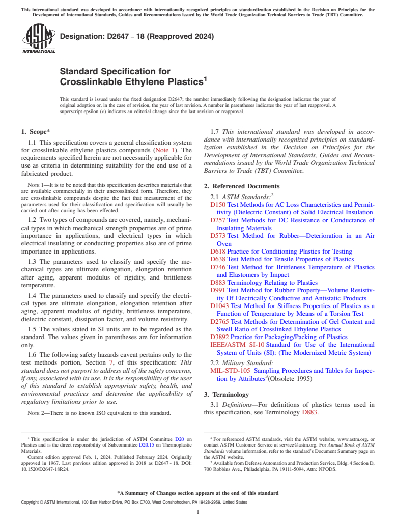 ASTM D2647-18(2024) - Standard Specification for  Crosslinkable Ethylene Plastics