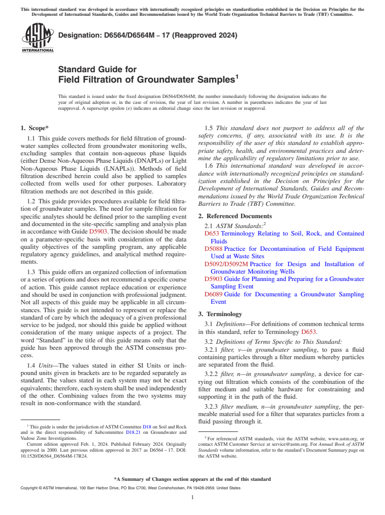 ASTM D6564/D6564M-17(2024) - Standard Guide for Field Filtration of Groundwater Samples