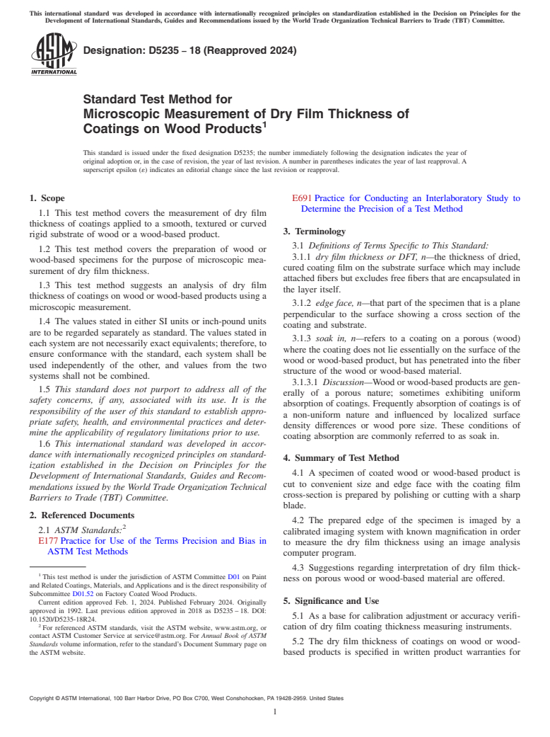 ASTM D5235-18(2024) - Standard Test Method for Microscopic Measurement of Dry Film Thickness of Coatings on  Wood Products