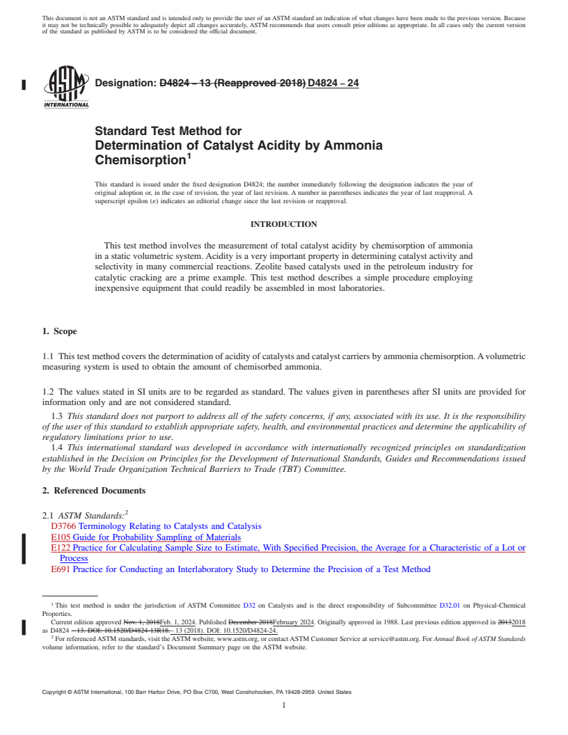 REDLINE ASTM D4824-24 - Standard Test Method for  Determination of Catalyst Acidity by Ammonia Chemisorption