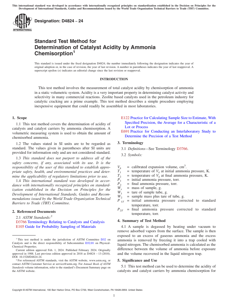 ASTM D4824-24 - Standard Test Method for  Determination of Catalyst Acidity by Ammonia Chemisorption