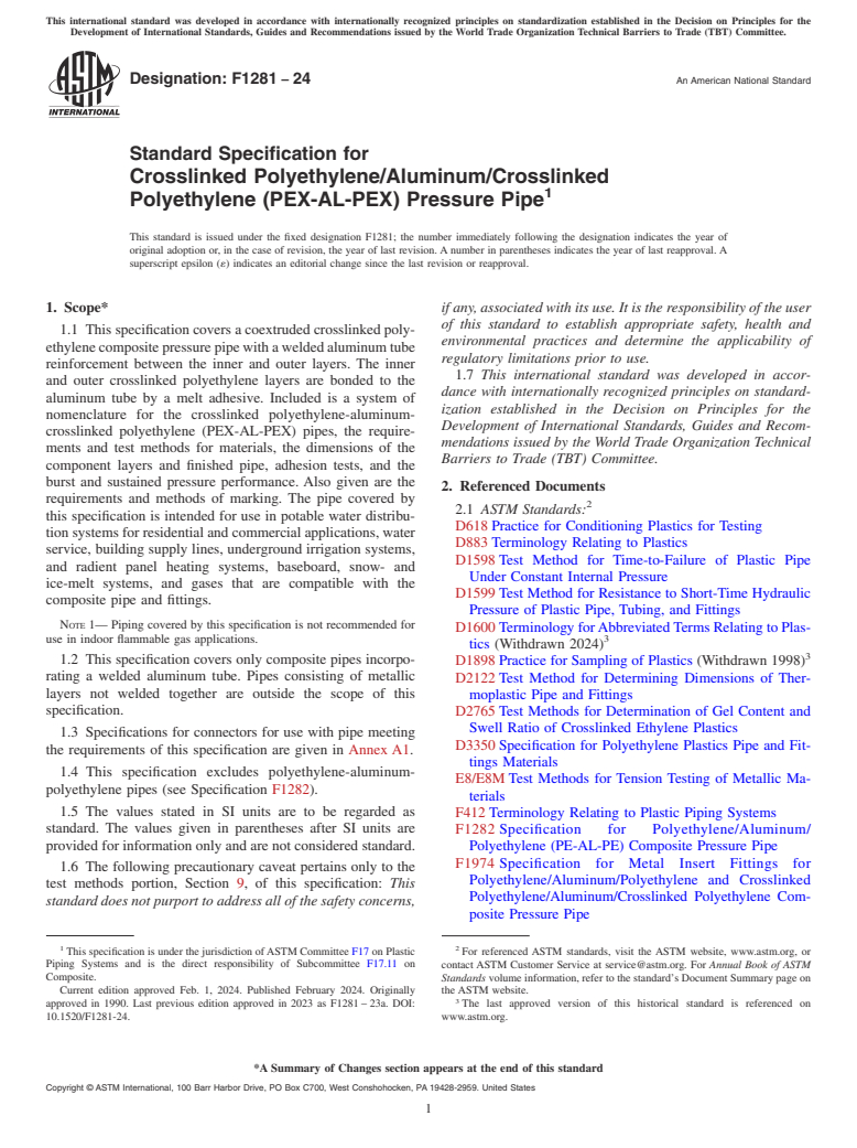 ASTM F1281-24 - Standard Specification for  Crosslinked Polyethylene/Aluminum/Crosslinked Polyethylene  (PEX-AL-PEX) Pressure Pipe