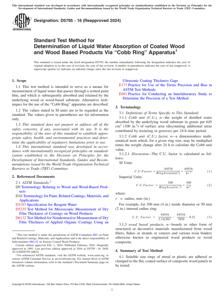 ASTM D5795-16(2024) - Standard Test Method for Determination of Liquid Water Absorption of Coated Wood and  Wood Based Products Via “Cobb Ring”  Apparatus