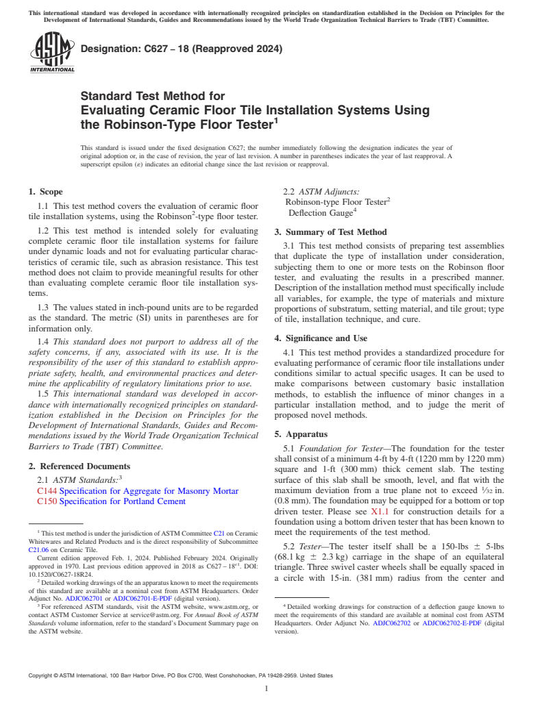 ASTM C627-18(2024) - Standard Test Method for  Evaluating Ceramic Floor Tile Installation Systems Using the   Robinson-Type Floor Tester