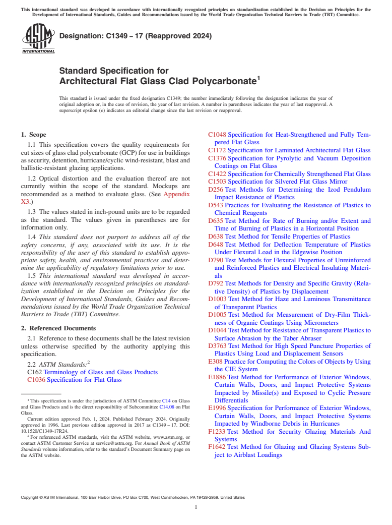 ASTM C1349-17(2024) - Standard Specification for  Architectural Flat Glass Clad Polycarbonate