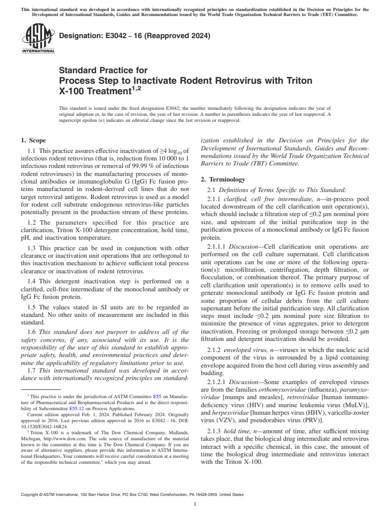 ASTM E3042-16(2024) - Standard Practice for Process Step to Inactivate Rodent Retrovirus with Triton X-100  Treatment<rangeref></rangeref  >