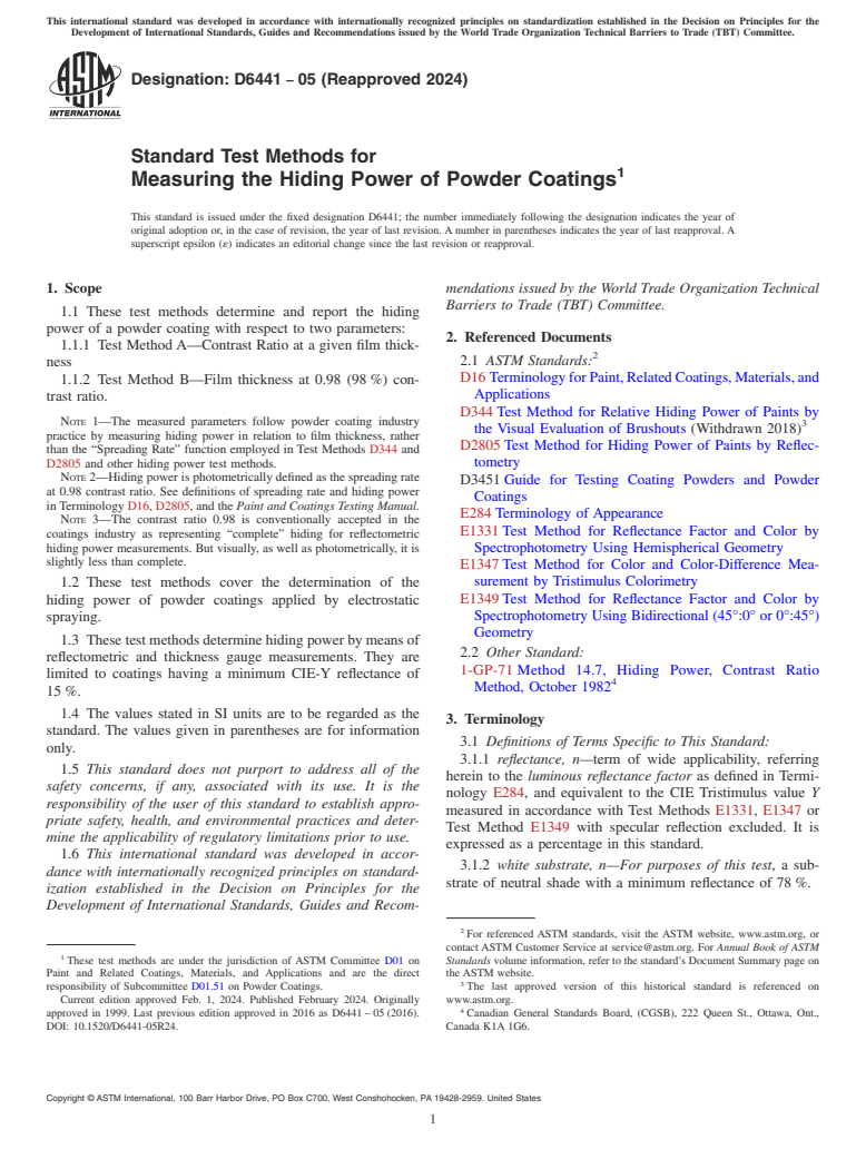 ASTM D6441-05(2024) - Standard Test Methods for Measuring the Hiding Power of Powder Coatings