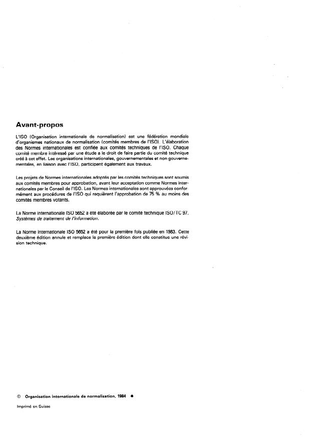 ISO 5652:1984 ISO 5652:1984 - Traitement de l'information -- Bande magnétique a 9 pistes de 12,7 mm (0,5 in) de large pour l'échange d'information -- Format et enregistrement utilisant des codages de groupe a 246 cpmm (6 250 cpi) - Page 2 preview