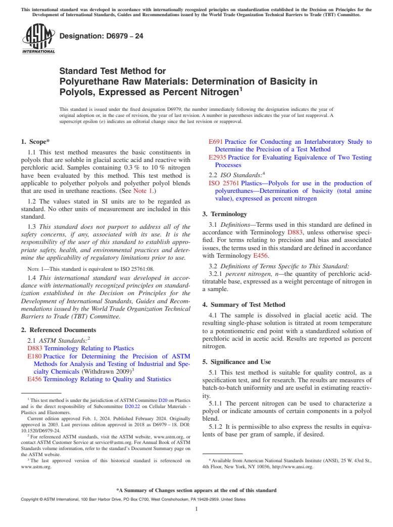 ASTM D6979-24 - Standard Test Method for  Polyurethane Raw Materials: Determination of Basicity in Polyols,  Expressed as Percent Nitrogen