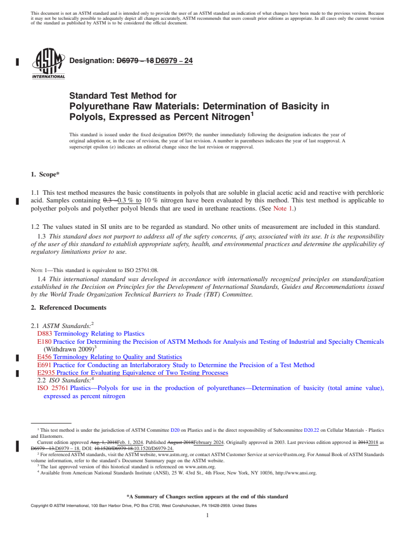 REDLINE ASTM D6979-24 - Standard Test Method for  Polyurethane Raw Materials: Determination of Basicity in Polyols,  Expressed as Percent Nitrogen