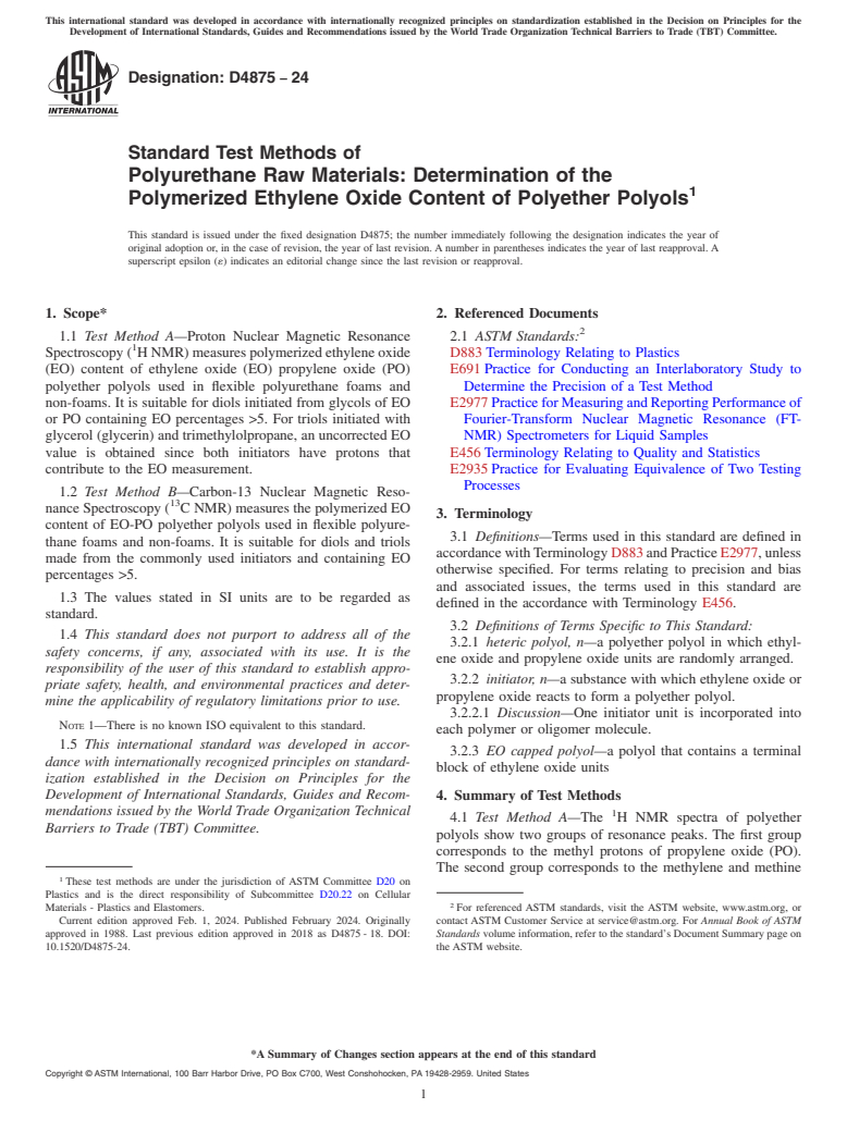 ASTM D4875-24 - Standard Test Methods of Polyurethane Raw Materials: Determination of the Polymerized  Ethylene Oxide Content of Polyether Polyols