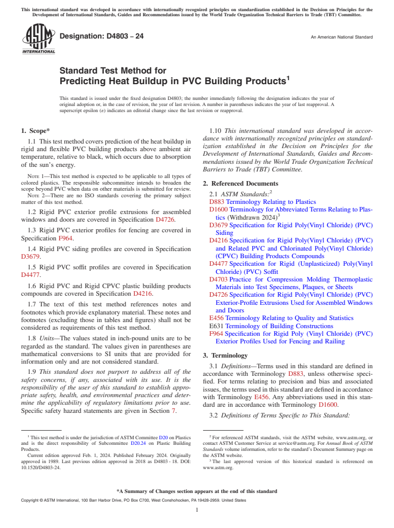 ASTM D4803-24 - Standard Test Method for  Predicting Heat Buildup in PVC Building Products