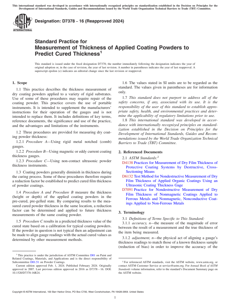 ASTM D7378-16(2024) - Standard Practice for Measurement of Thickness of Applied Coating Powders to Predict   Cured      Thickness