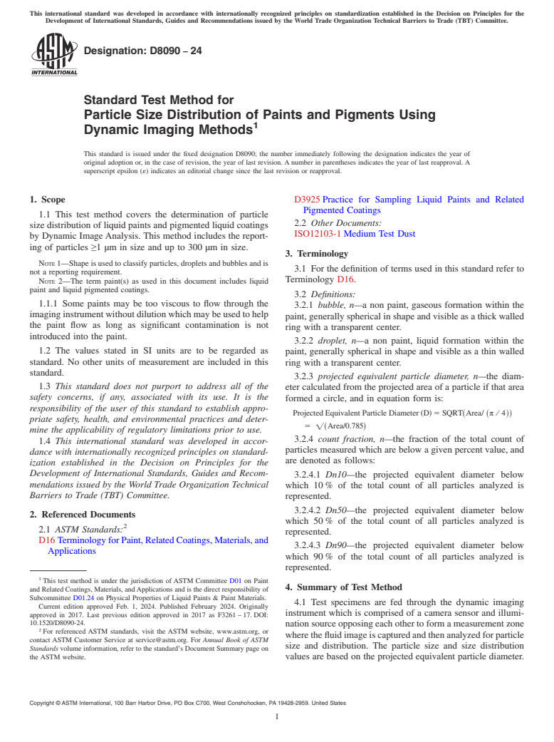 ASTM D8090-24 - Standard Test Method for Particle Size Distribution of Paints and Pigments Using Dynamic  Imaging Methods