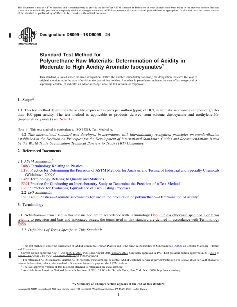 REDLINE ASTM D6099-24 - Standard Test Method for Polyurethane Raw Materials: Determination of Acidity in Moderate  to High Acidity Aromatic Isocyanates