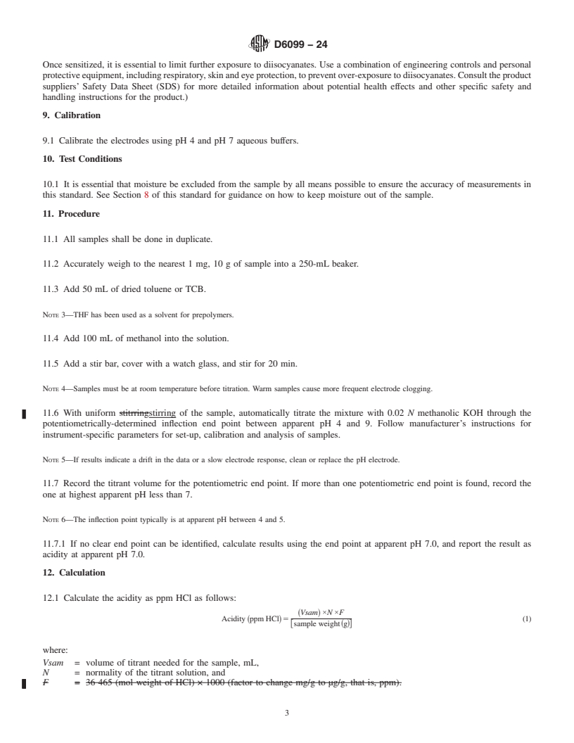 REDLINE ASTM D6099-24 - Standard Test Method for Polyurethane Raw Materials: Determination of Acidity in Moderate  to High Acidity Aromatic Isocyanates