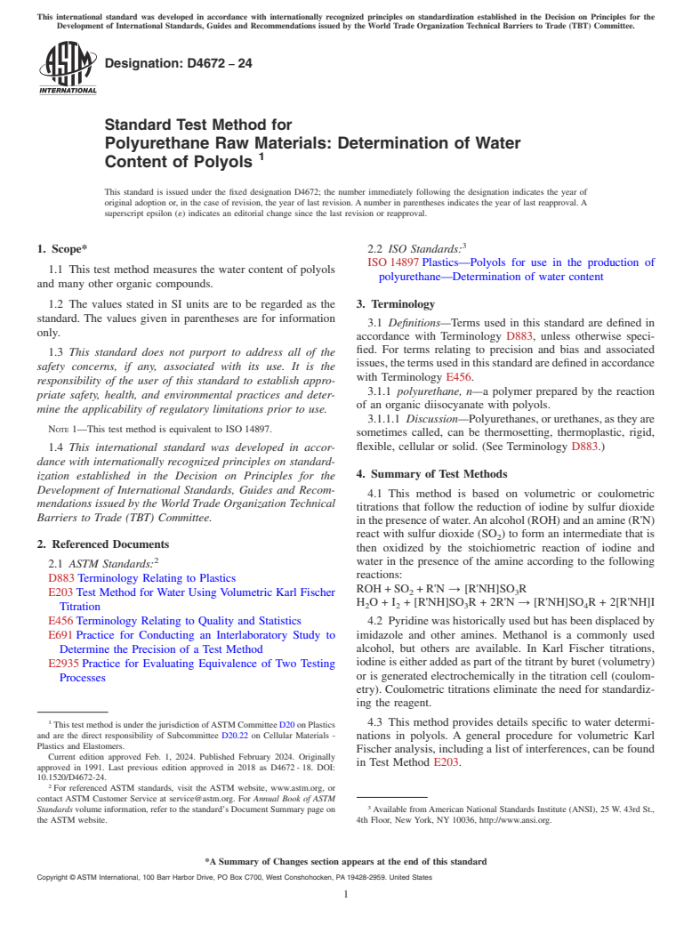 ASTM D4672-24 - Standard Test Method for  Polyurethane Raw Materials: Determination of Water Content  of Polyols