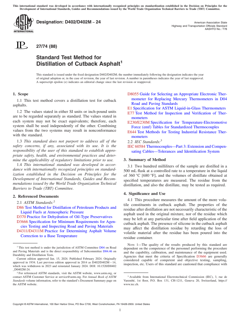 ASTM D402/D402M-24 - Standard Test Method for  Distillation of Cutback Asphalt