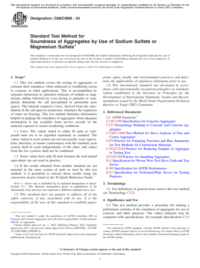 ASTM C88/C88M-24 - Standard Test Method for  Soundness of Aggregates by Use of Sodium Sulfate or Magnesium  Sulfate
