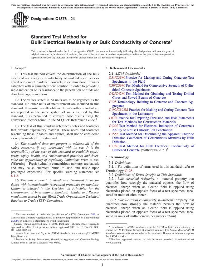 ASTM C1876-24 - Standard Test Method for  Bulk Electrical Resistivity or Bulk Conductivity of Concrete