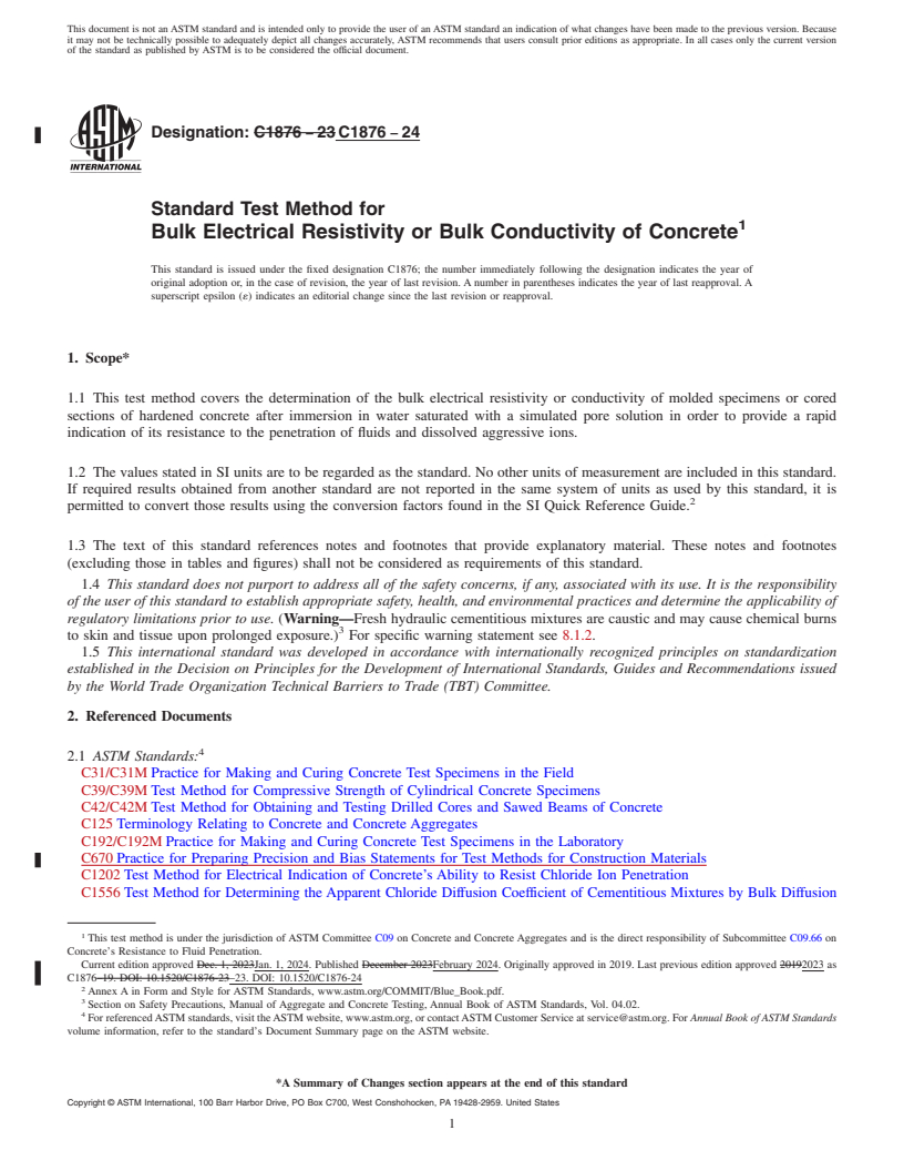REDLINE ASTM C1876-24 - Standard Test Method for  Bulk Electrical Resistivity or Bulk Conductivity of Concrete