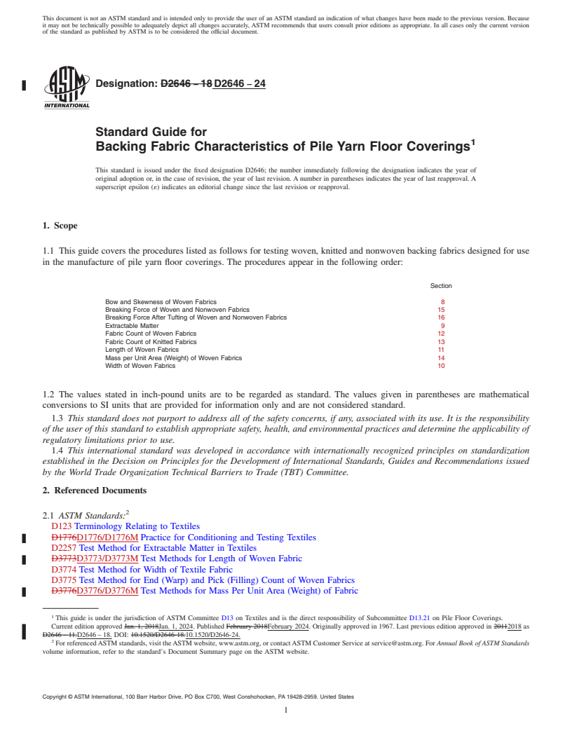 REDLINE ASTM D2646-24 - Standard Guide for  Backing Fabric Characteristics of Pile Yarn Floor Coverings