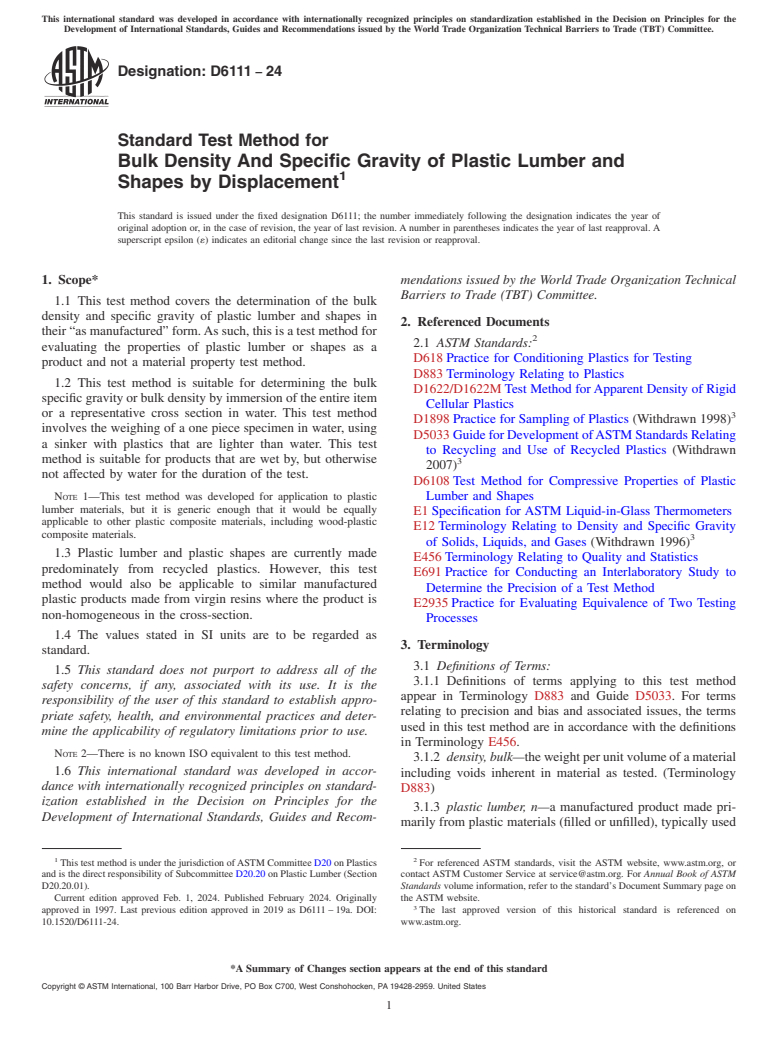 ASTM D6111-24 - Standard Test Method for Bulk Density And Specific Gravity of Plastic Lumber and Shapes  by Displacement