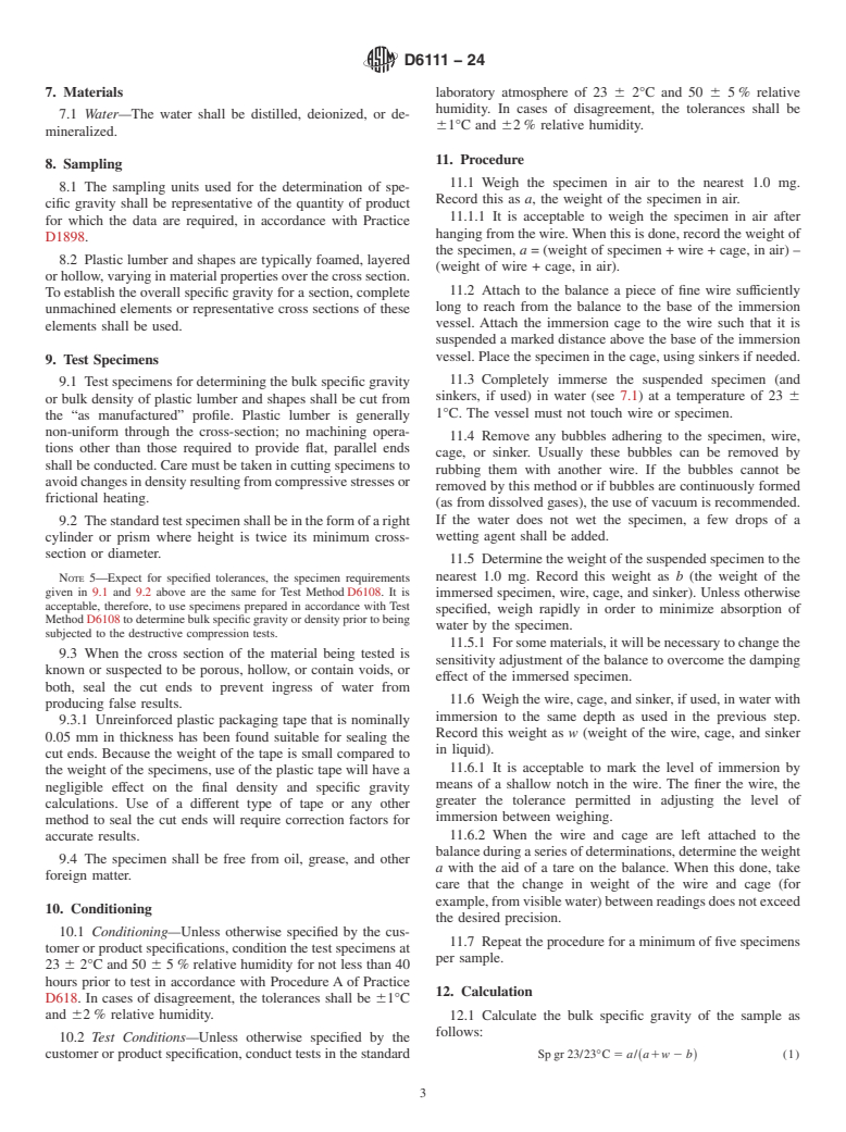 ASTM D6111-24 - Standard Test Method for Bulk Density And Specific Gravity of Plastic Lumber and Shapes  by Displacement