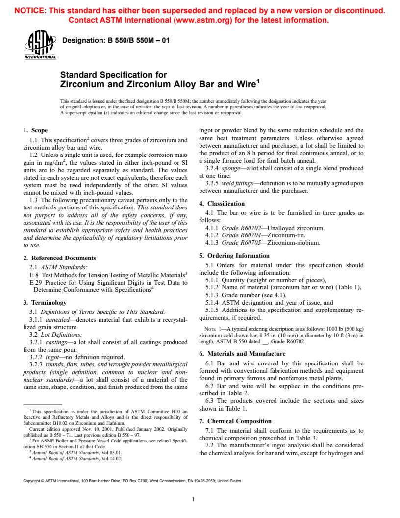 ASTM B550/B550M-01 - Standard Specification for Zirconium and Zirconium Alloy Bar and Wire