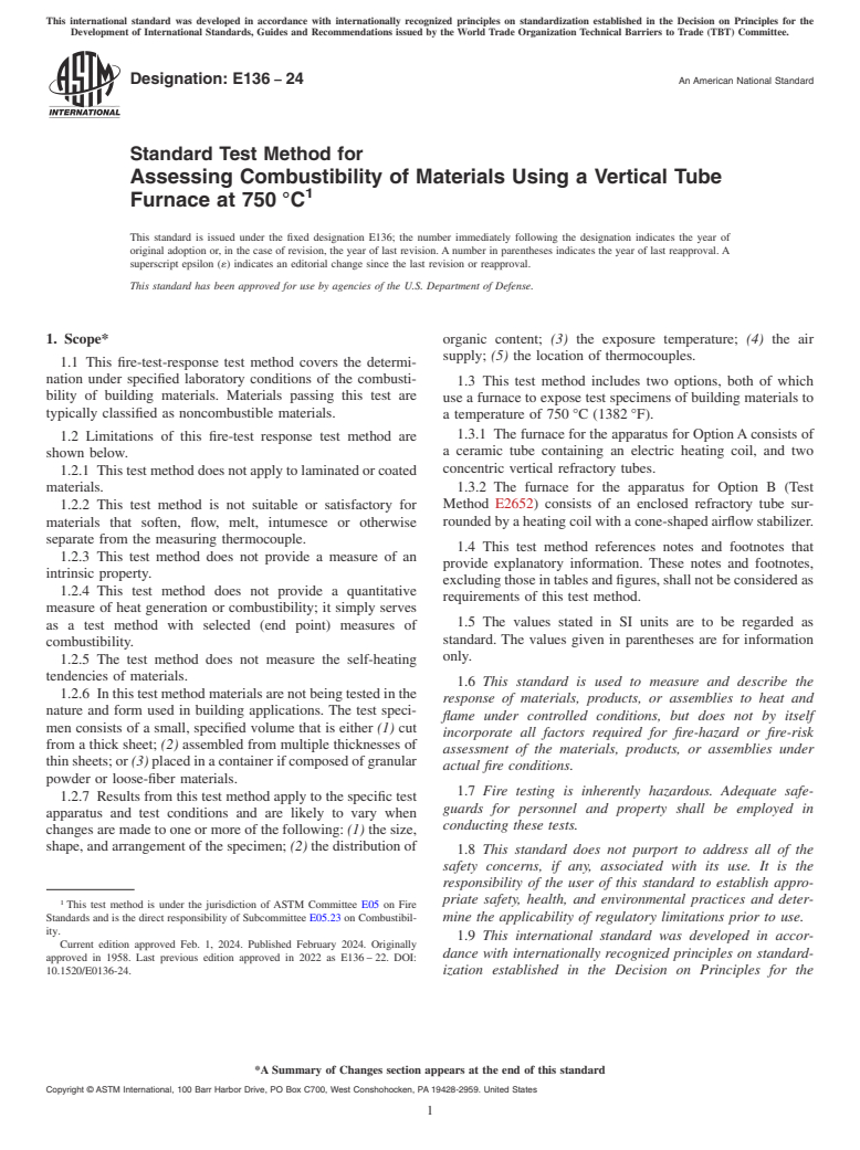 ASTM E136-24 - Standard Test Method for  Assessing Combustibility of Materials Using a Vertical Tube  Furnace at 750 °C