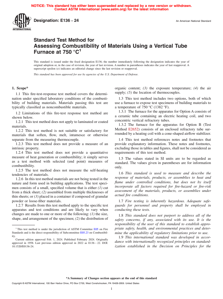 ASTM E136-24 - Standard Test Method for  Assessing Combustibility of Materials Using a Vertical Tube  Furnace at 750 °C