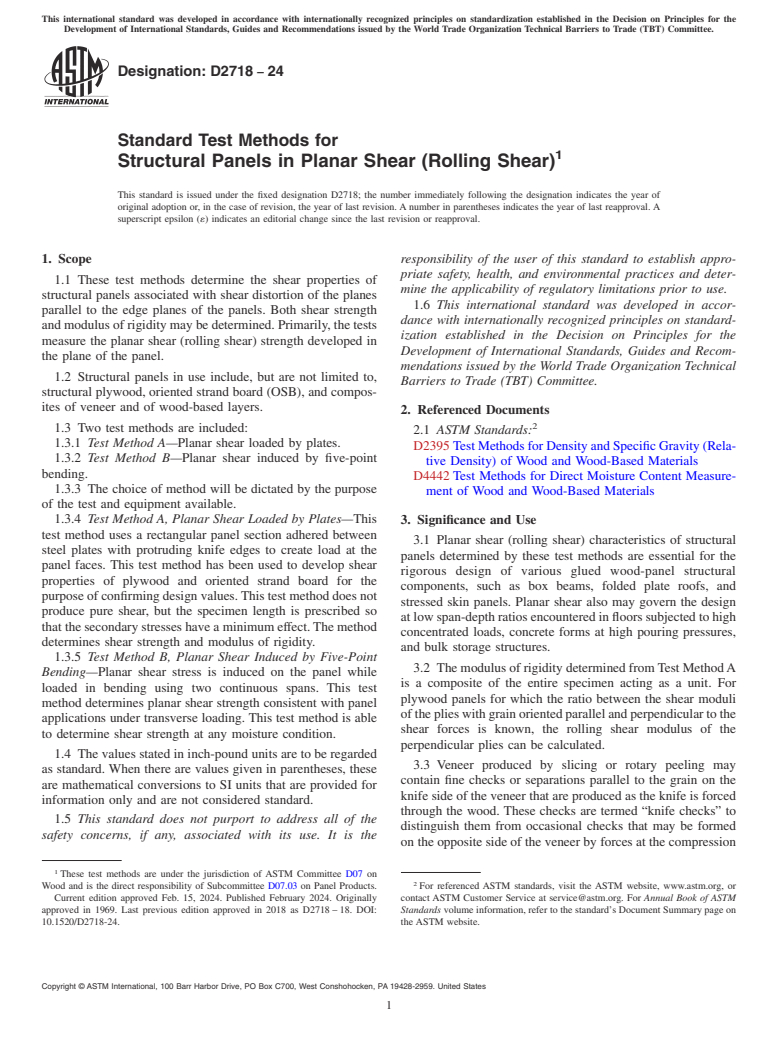 ASTM D2718-24 - Standard Test Methods for Structural Panels in Planar Shear (Rolling Shear)