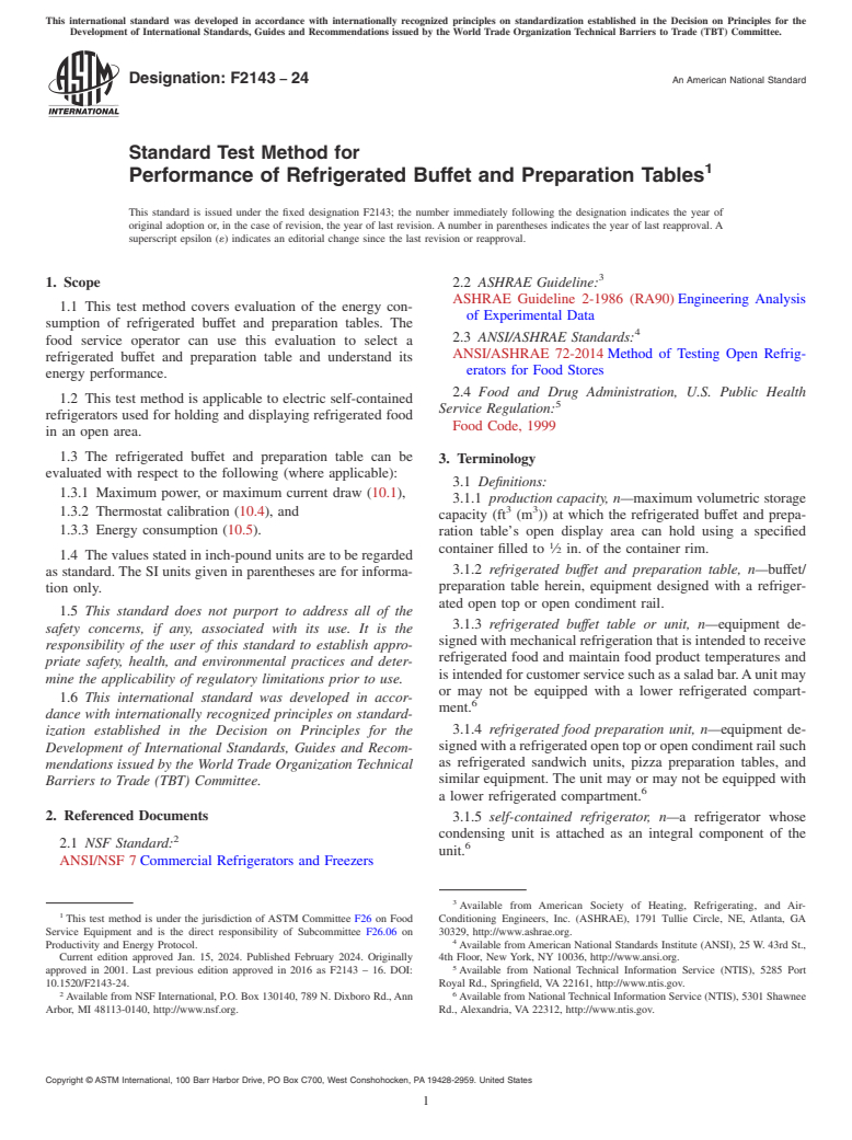 ASTM F2143-24 - Standard Test Method for Performance of Refrigerated Buffet and Preparation Tables
