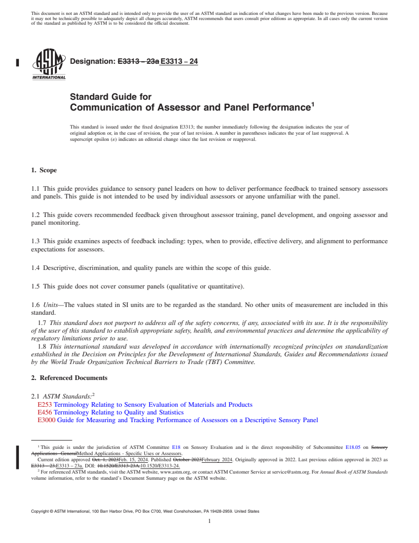 REDLINE ASTM E3313-24 - Standard Guide for Communication of Assessor and Panel Performance