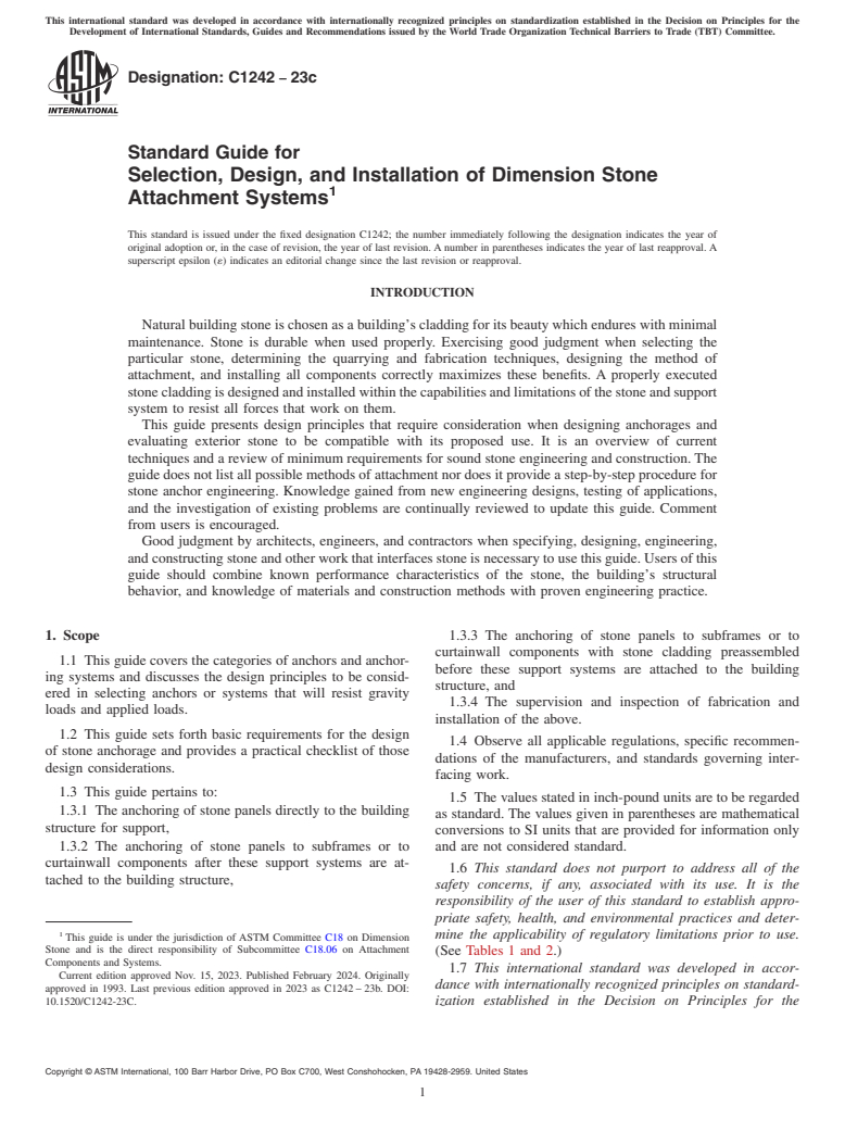 ASTM C1242-23c - Standard Guide for  Selection, Design, and Installation of Dimension Stone Attachment  Systems