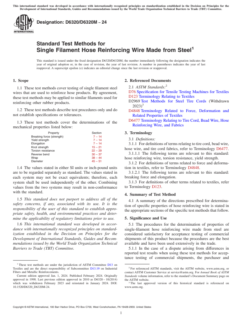 ASTM D6320/D6320M-24 - Standard Test Methods for  Single Filament Hose Reinforcing Wire Made from Steel