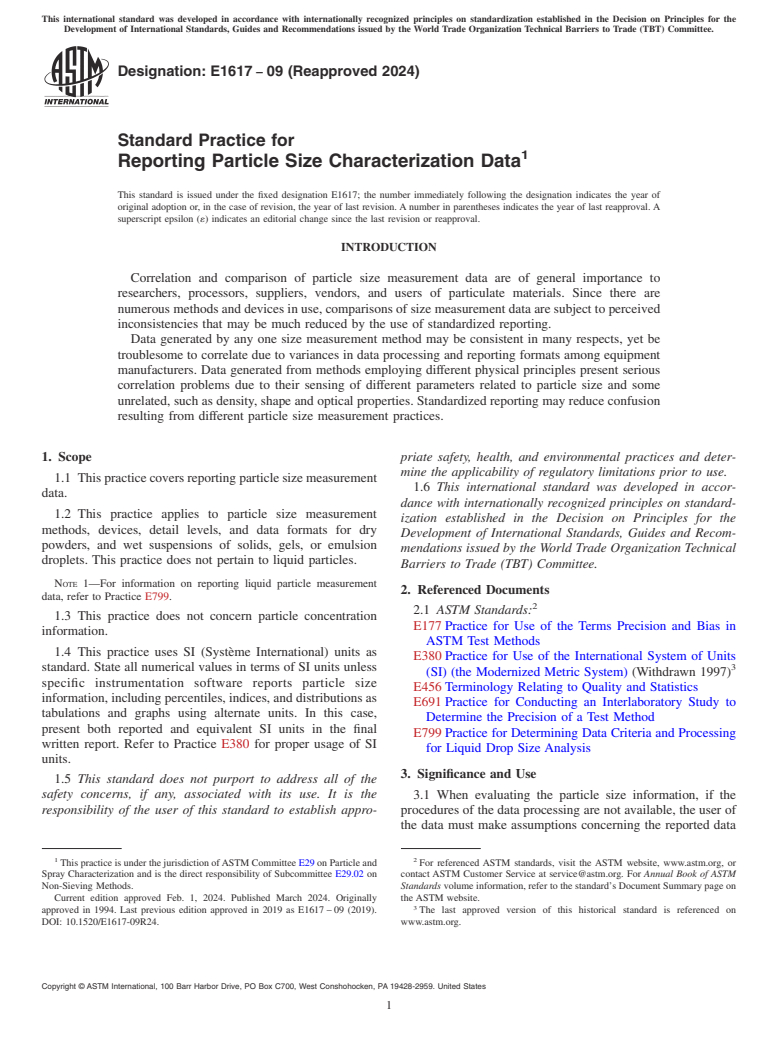 ASTM E1617-09(2024) - Standard Practice for  Reporting Particle Size Characterization Data