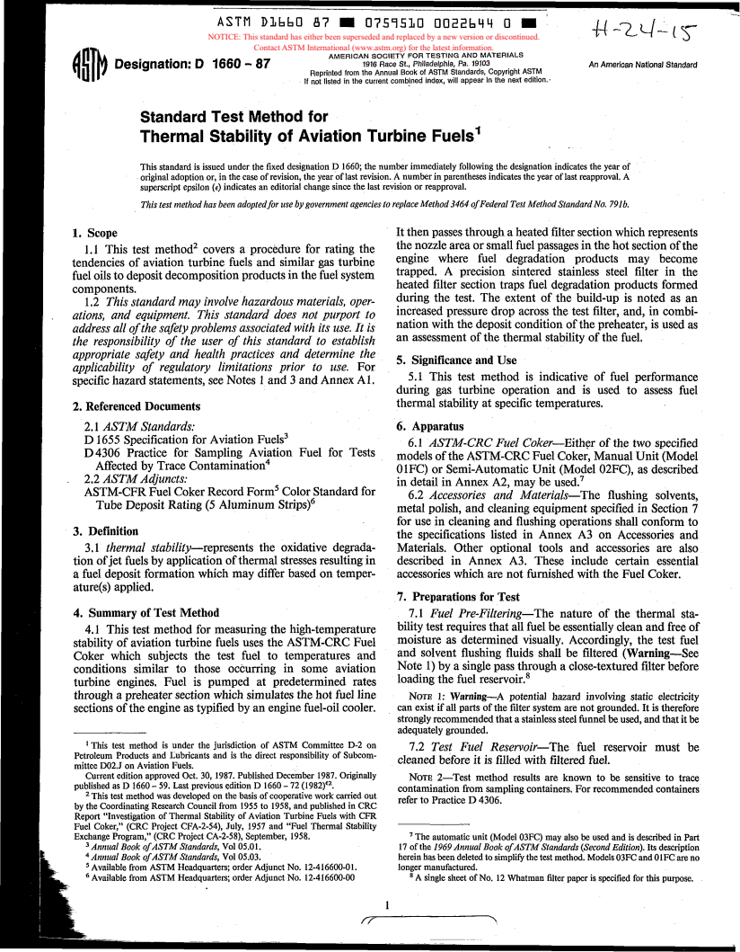 ASTM D1660-87 - Method of Test for Thermal Stability of Aviation Turbine Fuels (Withdrawn 1992)